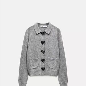 Zara Heather Gray Knit Cardigan with Black Accents